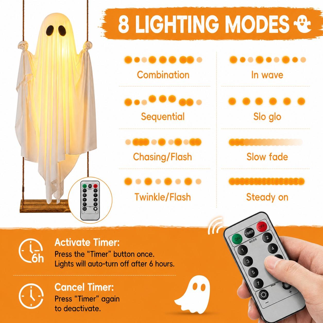 Swinging Spooky Ghost Light, Glowing Hanging Decoration, Remote Control, Battery-Powered, 8 Lighting Modes, Timer Design, Outdoor Decor #GLOBAL PICKS