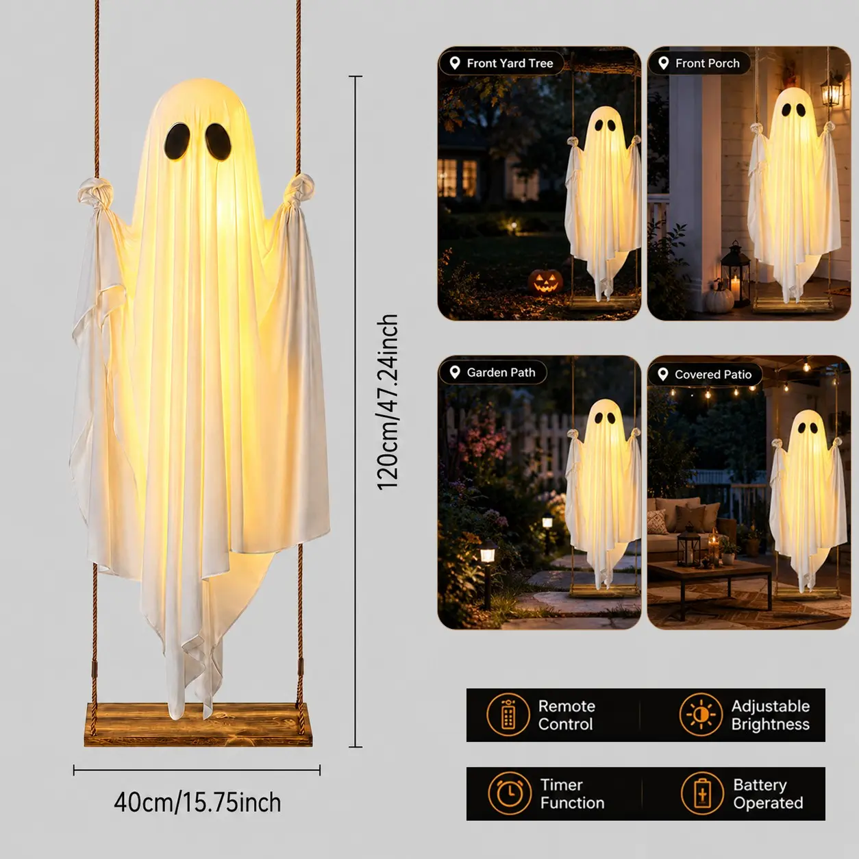 Swinging Spooky Ghost Light, Glowing Hanging Decoration, Remote Control, Battery-Powered, 8 Lighting Modes, Timer Design, Outdoor Decor #GLOBAL PICKS