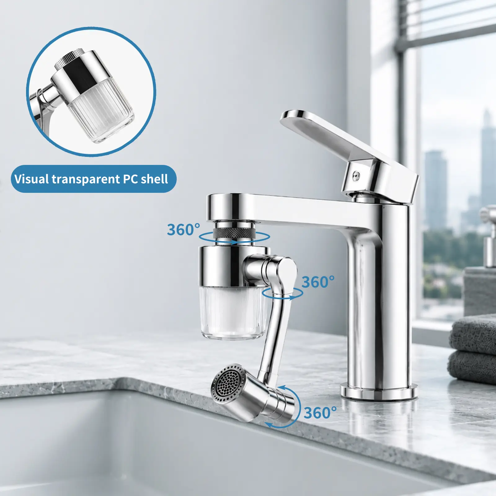 3D Swivel Faucet Aerator Filter Set - 360-Degree Rotatable, Anti-Splash Soft Flow, Clear Visible Shell, 3 Replacement Cartridges, Universal Adapter for Kitchen, Bathroom Sinks