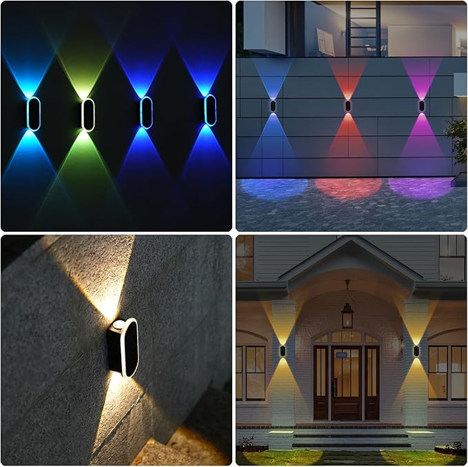 DERAYSION Solar Wall Lights Outdoor Up Down Dual-Lens, 2/4/6/10 Pack, Warm White + 7 Fixed RGB Colors & Cycle Mode, IP65 Waterproof Solar Fence Lights for Patio Garden Yard