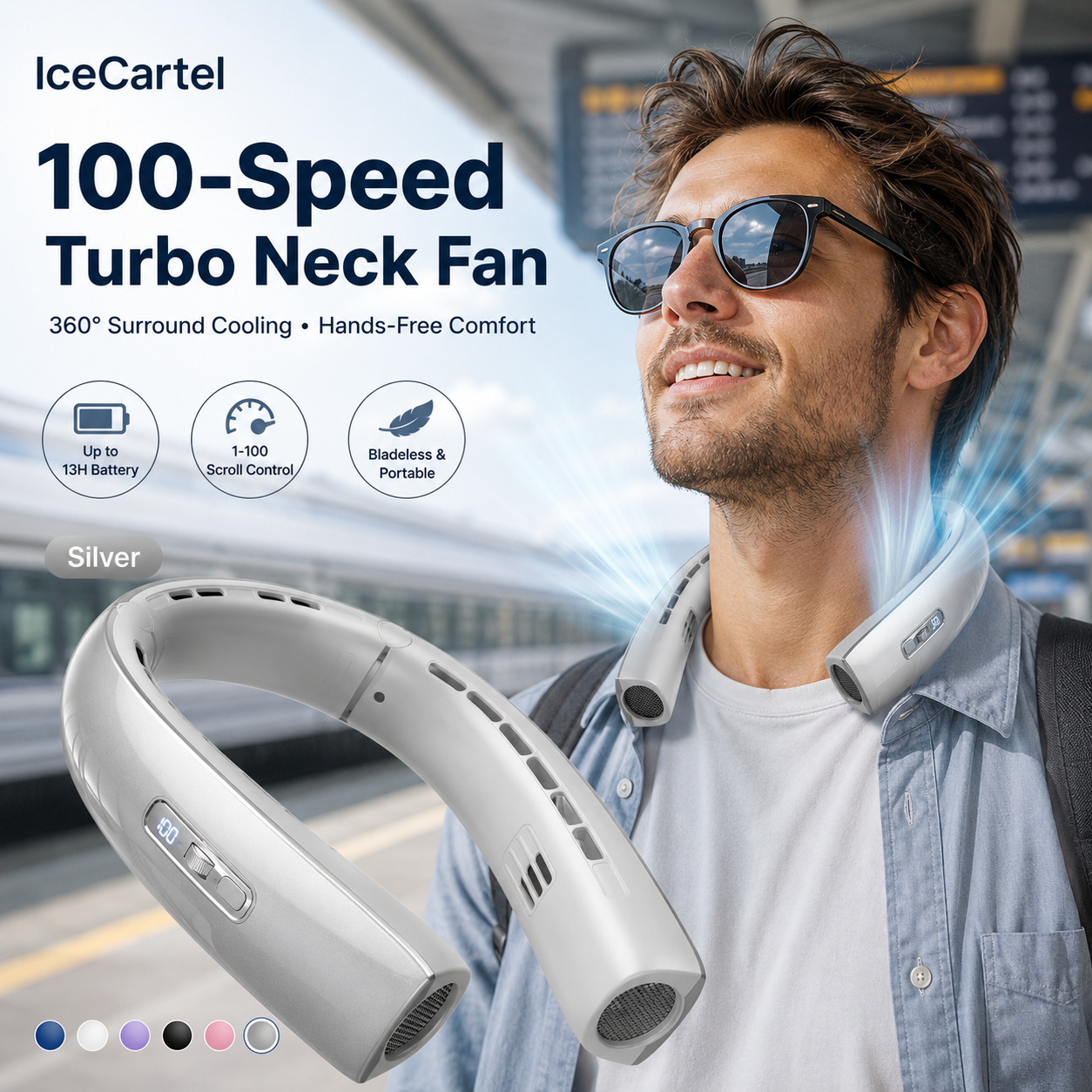IceCartel Turbo Bladeless Neck Fan – 100-Speed 360° Cooling