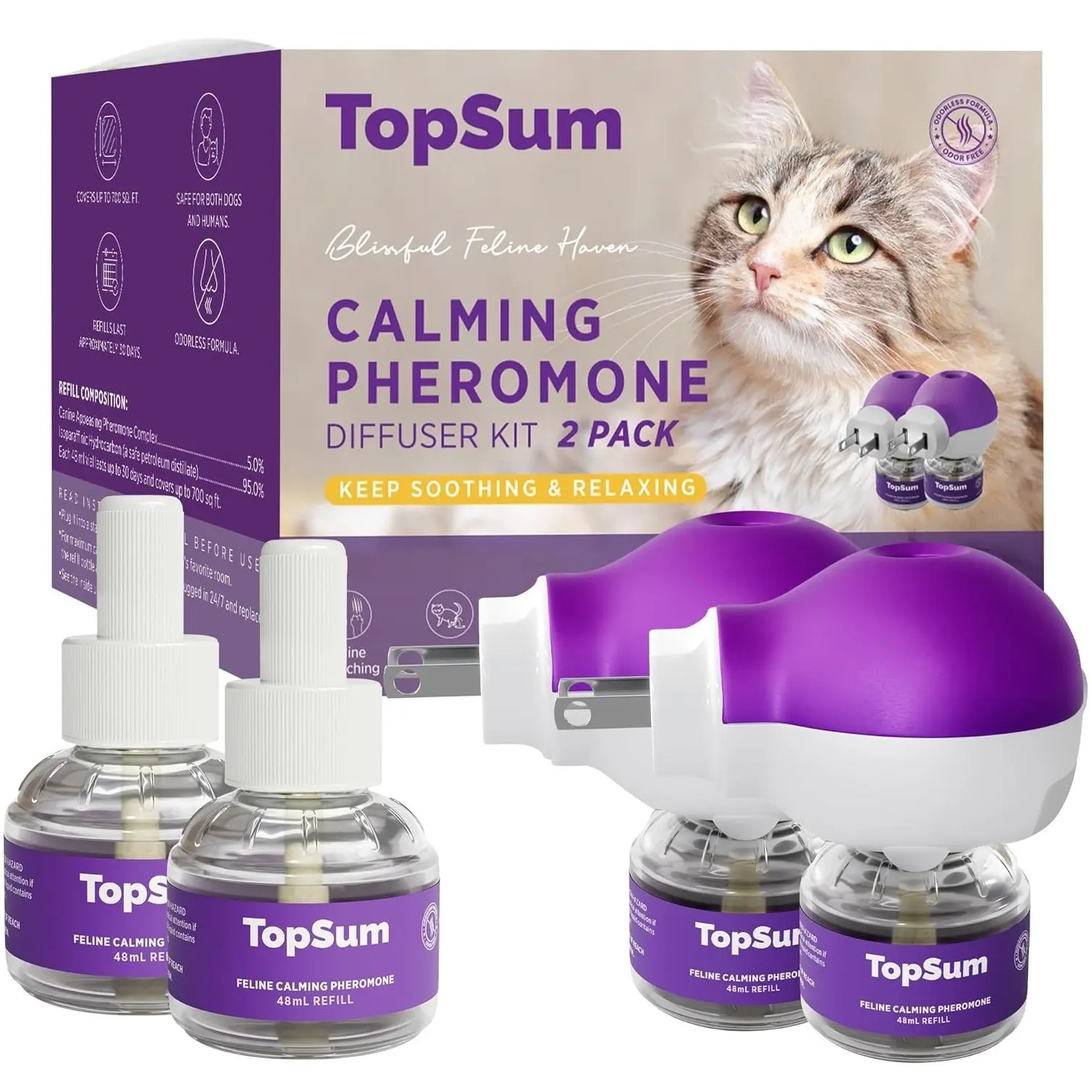 TopSum Cat Calming Diffuser Refills: Pheromone Refill for Cats, Long-Lasting 6-Month Supply, Compatible with Most Diffusers, 6 Pack (Purple)