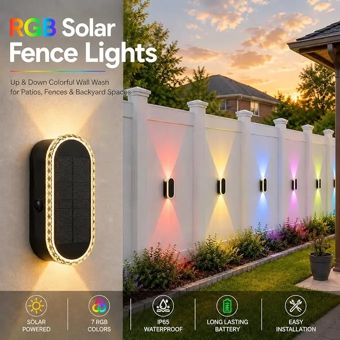 DERAYSION Solar Wall Lights Outdoor Up Down Dual-Lens, 2/4/6/10 Pack, Warm White + 7 Fixed RGB Colors & Cycle Mode, IP65 Waterproof Solar Fence Lights for Patio Garden Yard