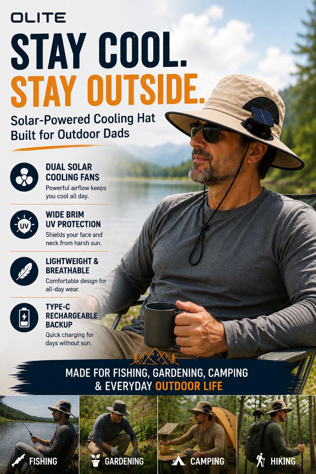 Men's Wireless Solar Fan Hat, Solid Wide Brim Sun Hat with 2 Cooling Fans & USB Charging for Fishing, Hiking - Men's Accessories, Father's Day Gift for Dad, Wireless Solar Hat