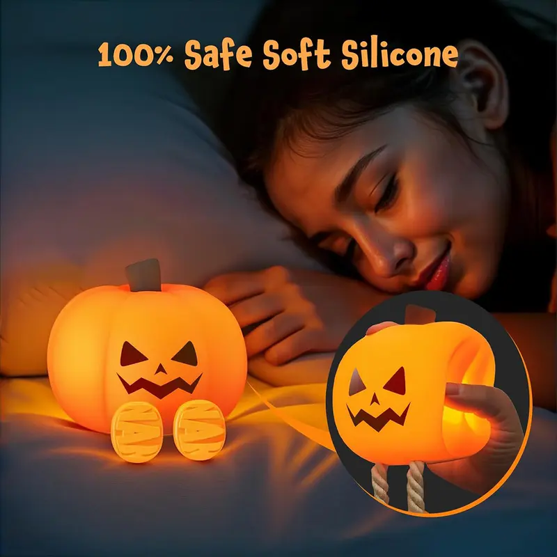 Halloween Pumpkin Lamp, Home Decoration Nights Light, Mini Cute LED Pumpkin Lamp with 3 Level Dimmable, Nursery Nightlight for Kids, Silicone Rechargeable Bedside Touch Lamp