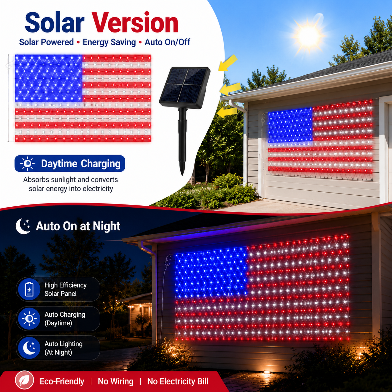 Solar Powered LED American Flag – Illuminated Waterproof Patriotic Outdoor Flag for Garage, Porch & Garden Decor