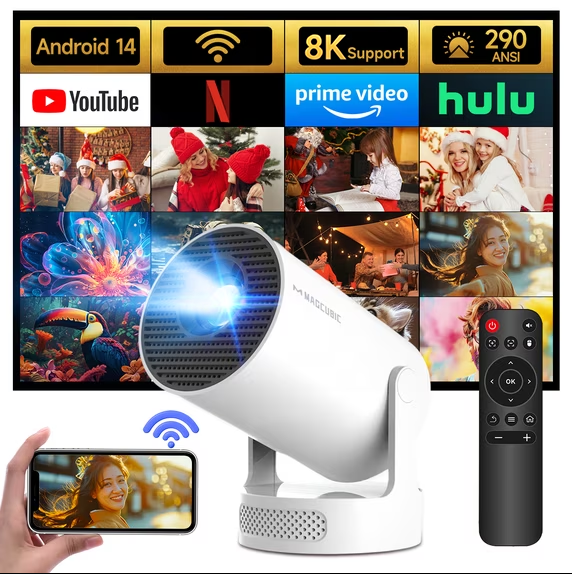  ✨8K HY300Pro+ Projector Built in 5W Speaker 1280*720P Android 14 290 Lumens Wifi6 BT5.4 Outdoor Portable Projector