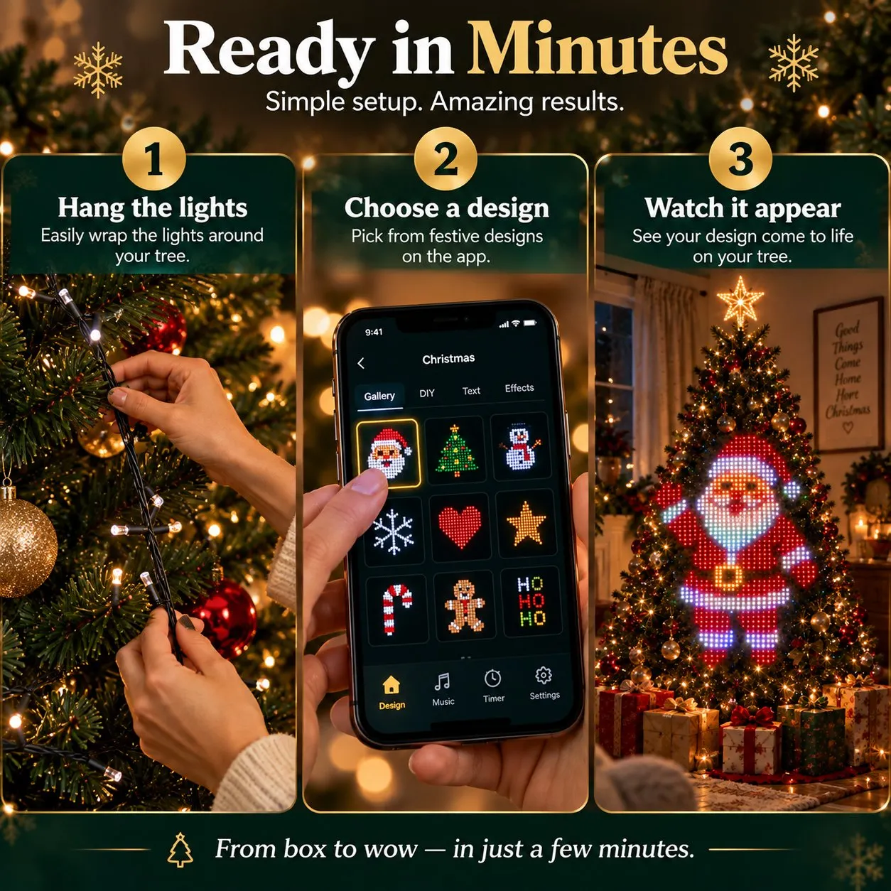 Three-step setup for smart animated Christmas tree lights