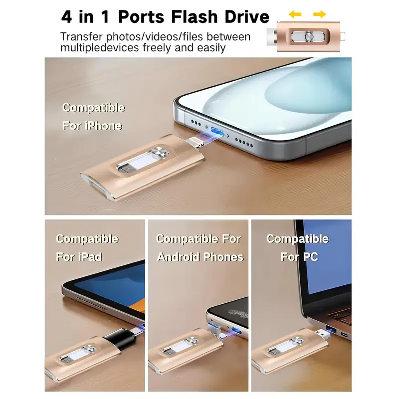4-in-1 Flash Drive MFi Certified 128GB/64GB Portable USB OTG Memory Stick for iPhone iOS