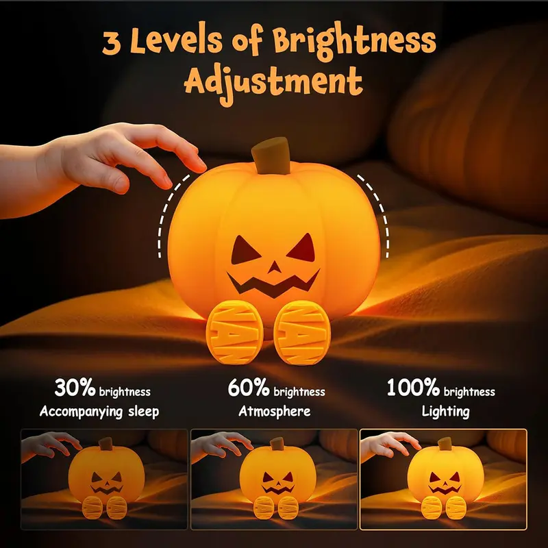 Halloween Pumpkin Lamp, Home Decoration Nights Light, Mini Cute LED Pumpkin Lamp with 3 Level Dimmable, Nursery Nightlight for Kids, Silicone Rechargeable Bedside Touch Lamp