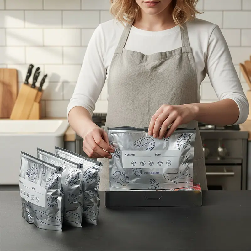New reusable upgraded thickened upright aluminum foil sealing storage bags, with labels and zipper locks
