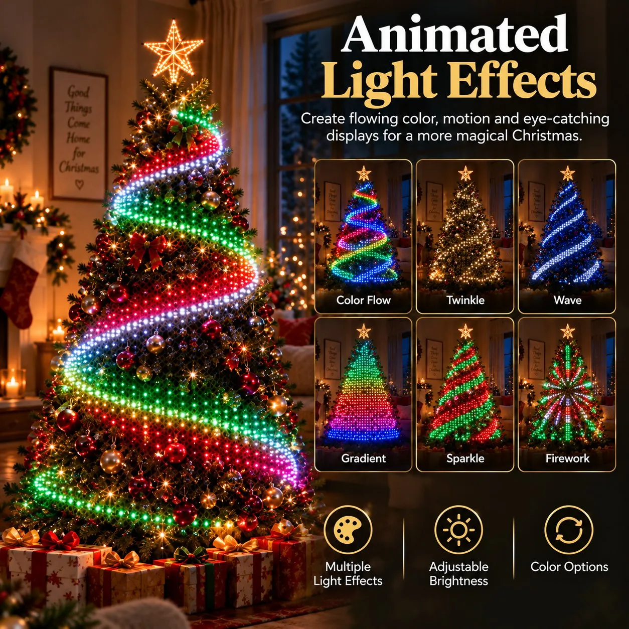 Multiple animated light effects on a Christmas tree
