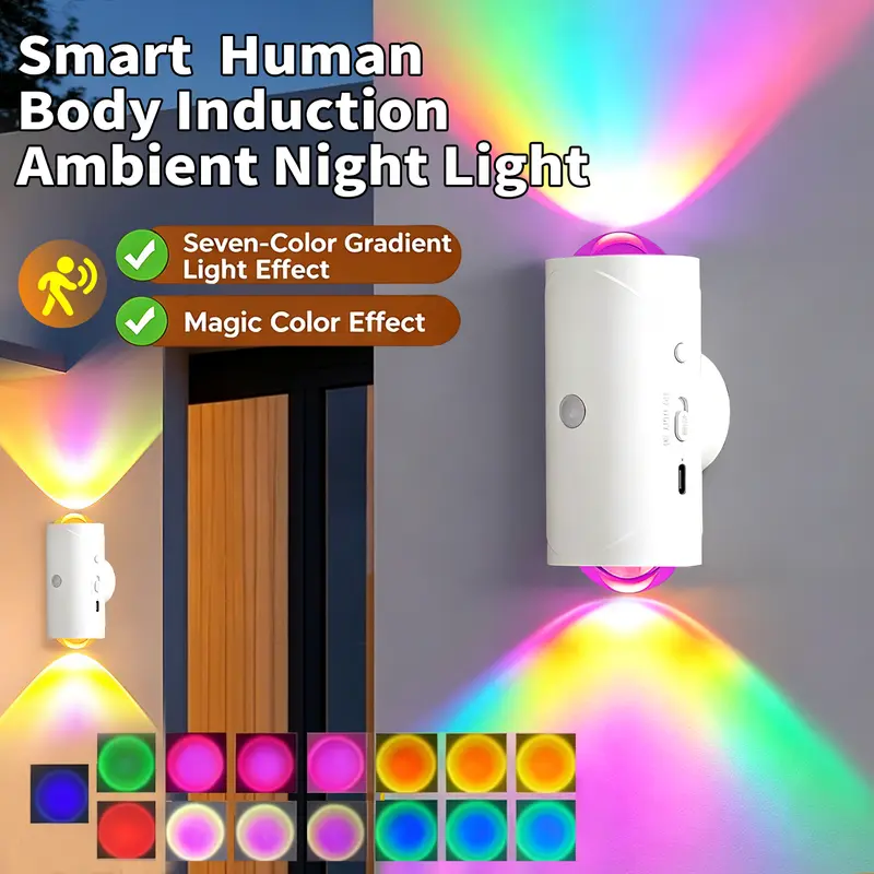 Smart Rechargeable LED Night Light with Motion Sensor – RGB Gradient Ambient Lighting