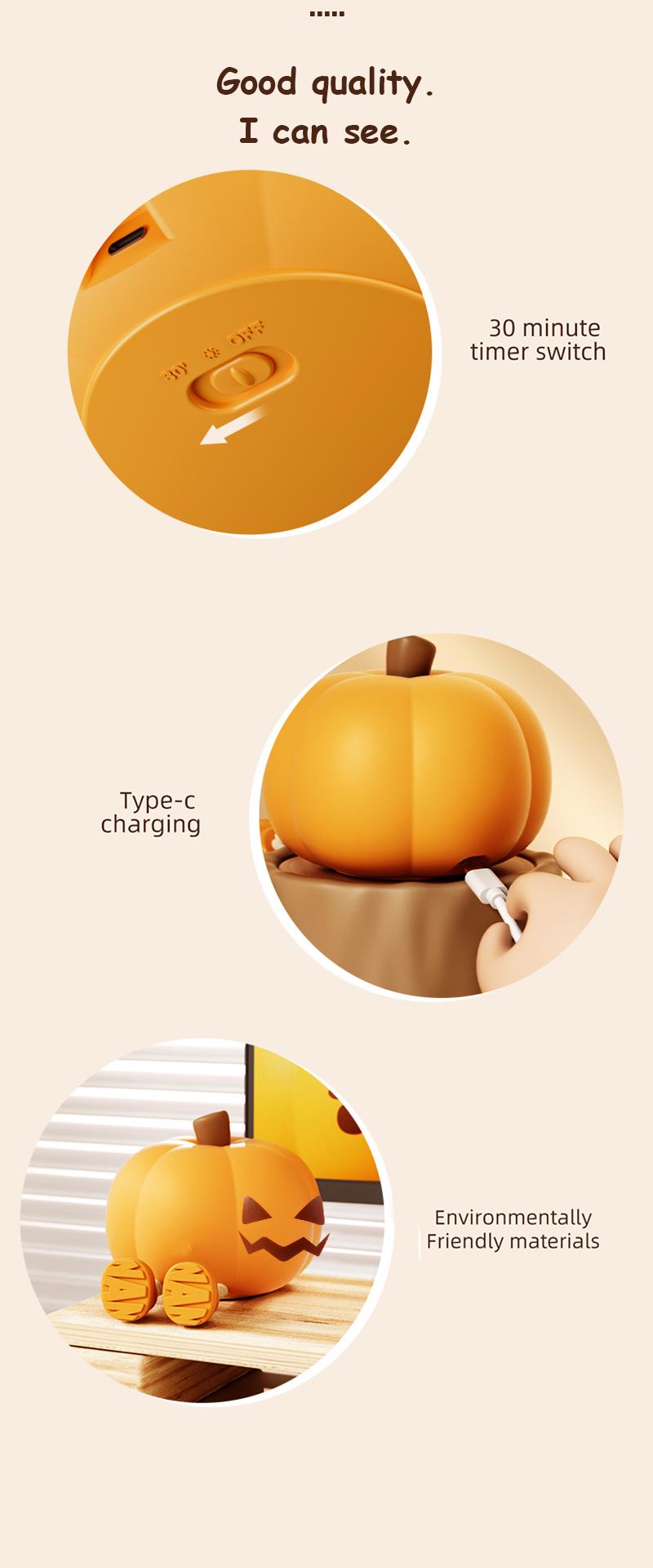 Halloween Pumpkin Lamp, Home Decoration Nights Light, Mini Cute LED Pumpkin Lamp with 3 Level Dimmable, Nursery Nightlight for Kids, Silicone Rechargeable Bedside Touch Lamp, for Kids