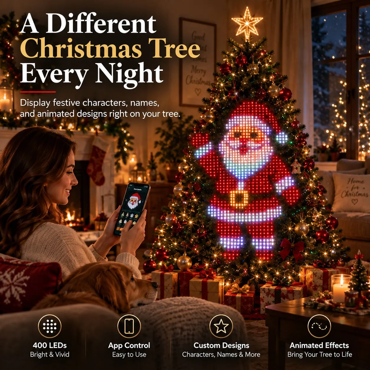 Smart animated Christmas tree lights displaying Santa