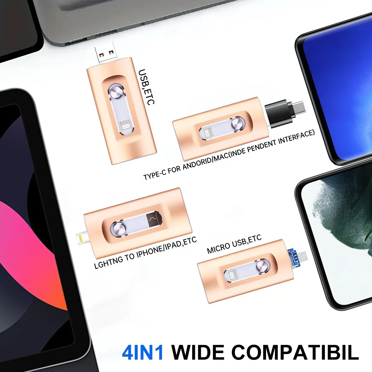 4-in-1 Flash Drive MFi Certified 128GB/64GB Portable USB OTG Memory Stick for iPhone iOS