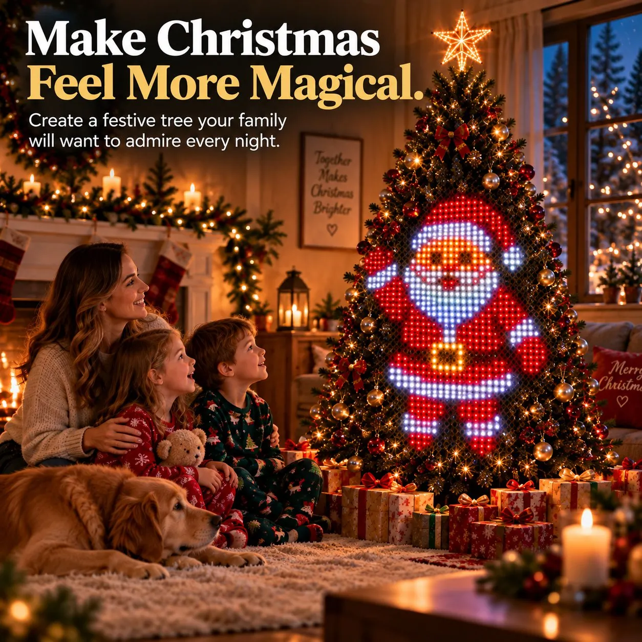 Family enjoying an animated Santa Christmas tree display