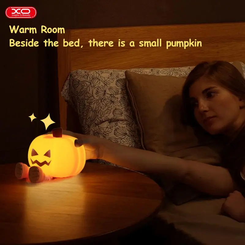 Halloween Pumpkin Lamp, Home Decoration Nights Light, Mini Cute LED Pumpkin Lamp with 3 Level Dimmable, Nursery Nightlight for Kids, Silicone Rechargeable Bedside Touch Lamp