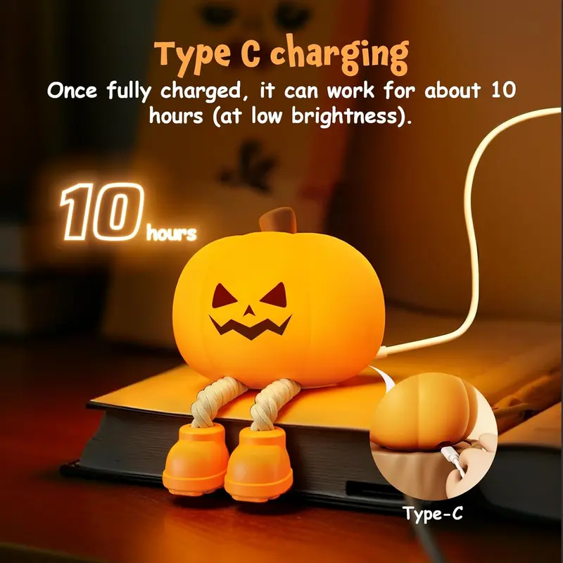 Halloween Pumpkin Lamp, Home Decoration Nights Light, Mini Cute LED Pumpkin Lamp with 3 Level Dimmable, Nursery Nightlight for Kids, Silicone Rechargeable Bedside Touch Lamp