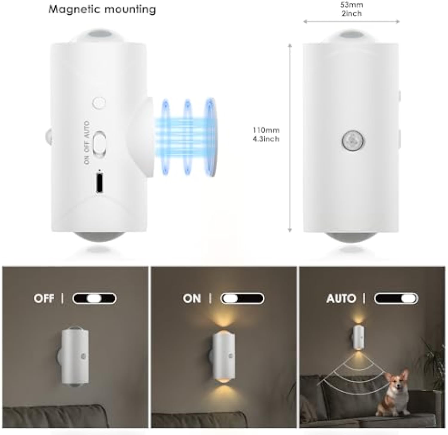 Smart Rechargeable LED Night Light with Motion Sensor &ndash; RGB Gradient Ambient Lighting, Dimmable Wall Lamp, Magnetic & Stick-On Design, USB Convenient Charging, Long-Lasting Battery, Perfect for Halloween Decor, Bedroom, Stairs, Hallway & Entryway
