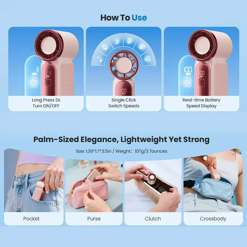 Mini Handheld Fan with LED Display – 6-Speed Turbo Pocket size Fan for Women. USB Rechargeable, High-Speed Cooling for Travel & Makeup. Perfect Gift. Portable Refrigeration