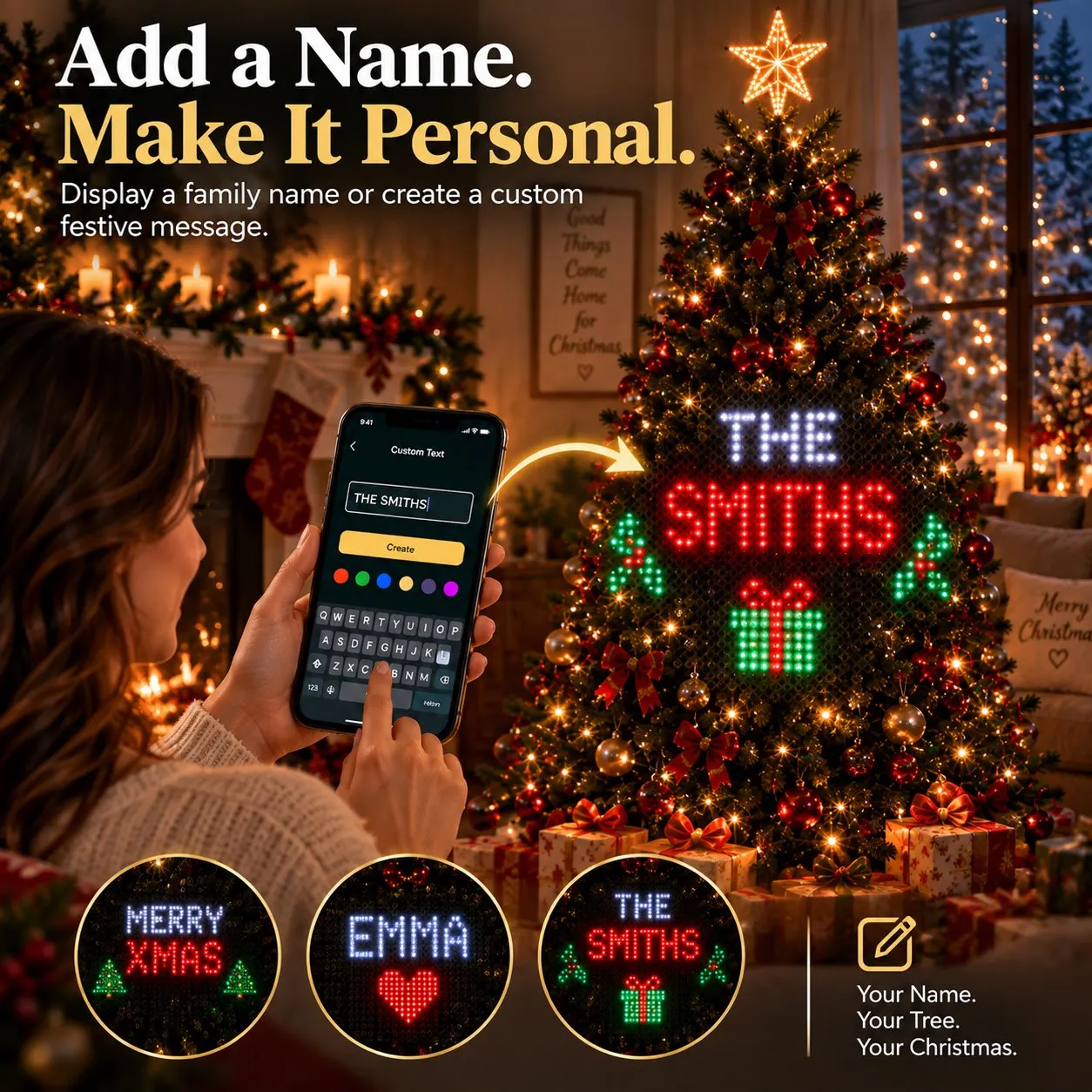 Personalized family name displayed on smart Christmas tree lights