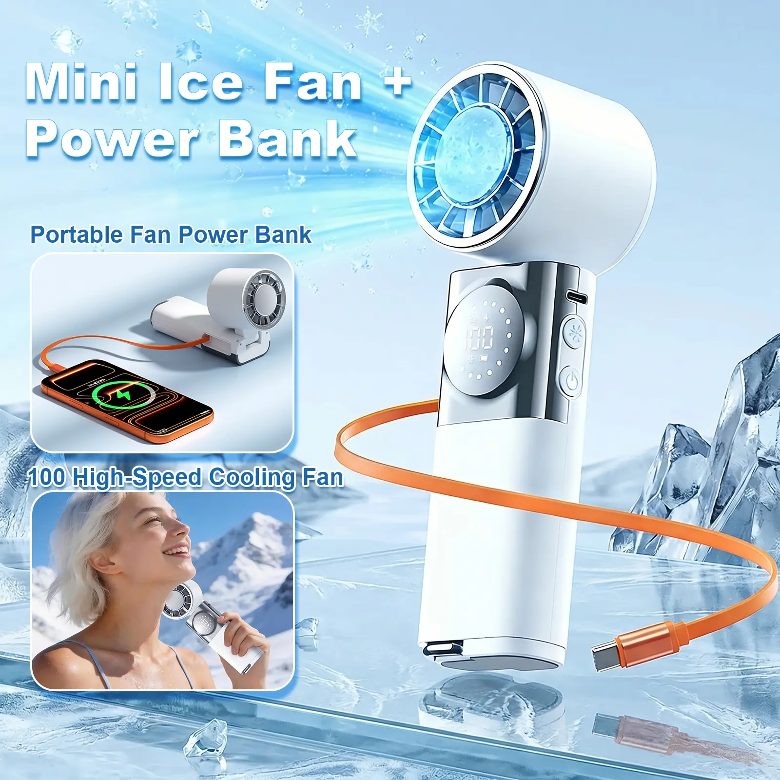 7-in-1 Portable Handheld Fan with Power Bank, 100-Speed Turbo Cooling Fan, LCD Display, USB-C Rechargeable, Neck Strap for Travel, Camping & Outdoor