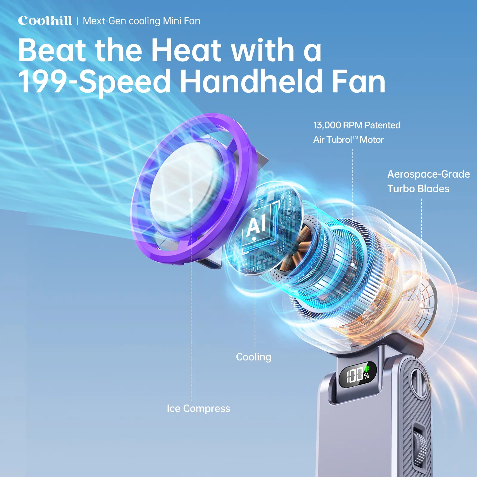 Portable Fan – 199-Speed Rechargeable Handheld Fan