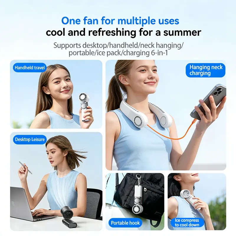 7-in-1 Portable Handheld Fan with Power Bank, 100-Speed Turbo Cooling Fan, LCD Display, USB-C Rechargeable, Neck Strap for Travel, Camping & Outdoor