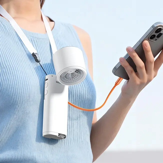 7-in-1 Portable Handheld Fan with Power Bank, 100-Speed Turbo Cooling Fan, LCD Display, USB-C Rechargeable, Neck Strap for Travel, Camping & Outdoor