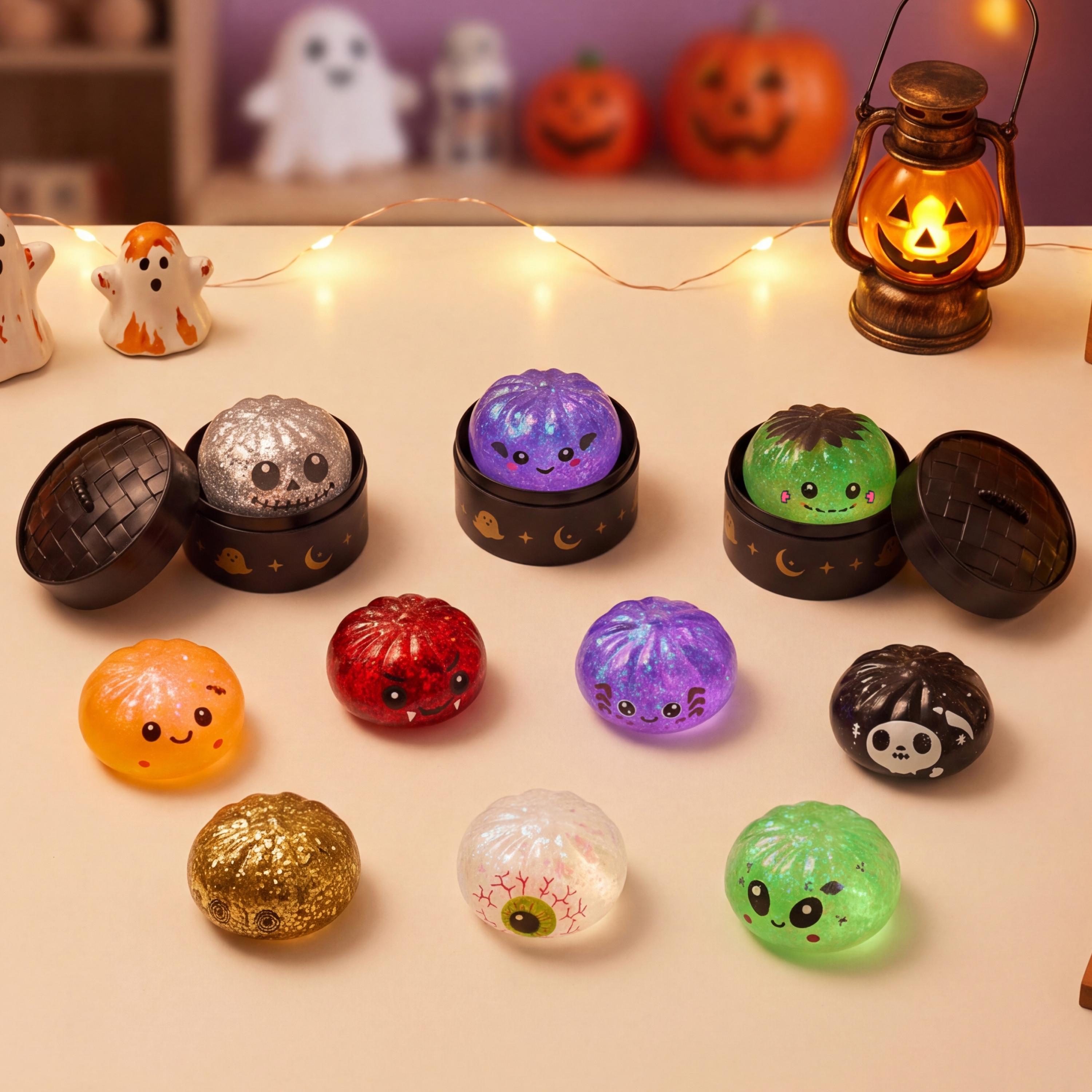 Halloween Dumpling Stress Relief Toys, Slow‑rebound maltose squishy toys, ideal for Halloween party gifts, featuring grimace pumpkin and little devil designs