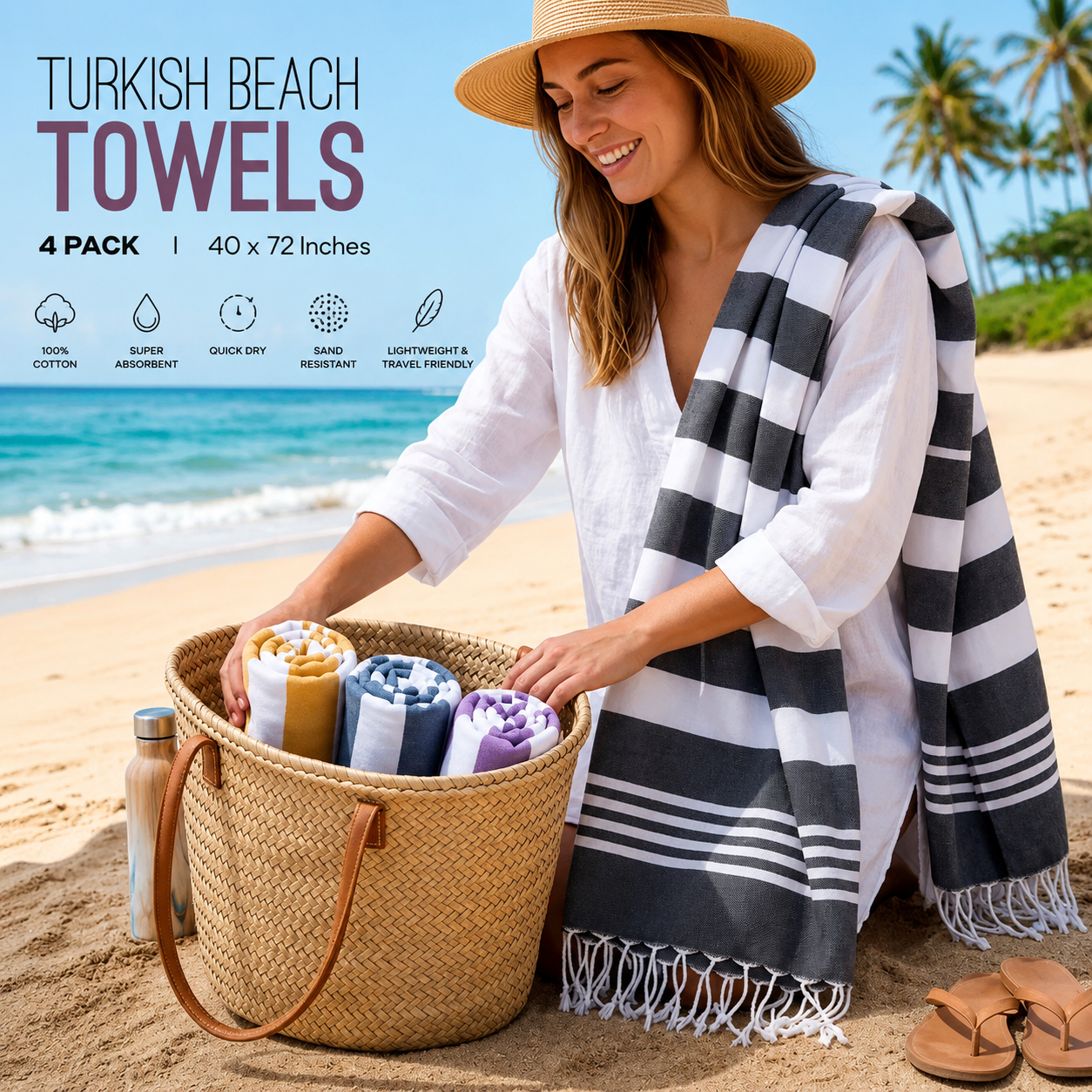 4-Pack Turkish Beach Towels – Oversized Quick Dry Cotton Towels