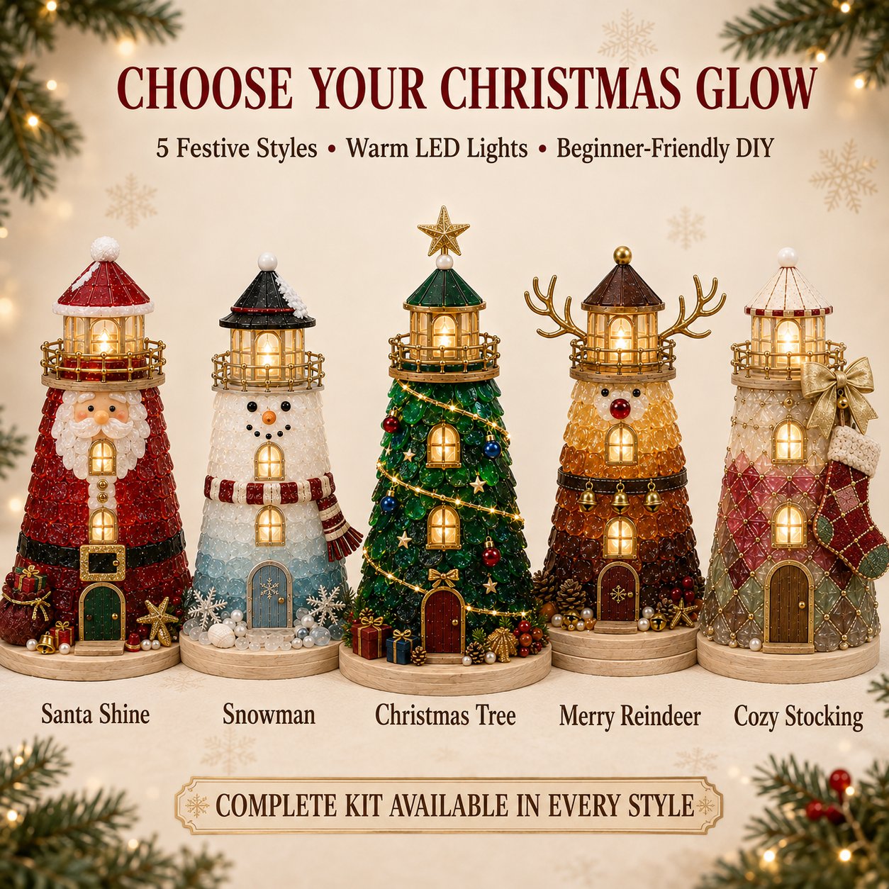 🎅 2026 Christmas Gift 50% Off--🎄Beginner-Friendly DIY Lighted Christmas Character Sea Glass-Style Lighthouse Kit Collection