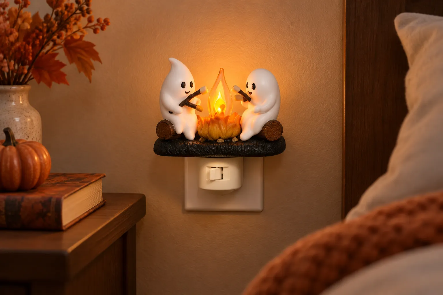 Ghost campfire night light with warm LED glow, plugged into a bedroom wall outlet