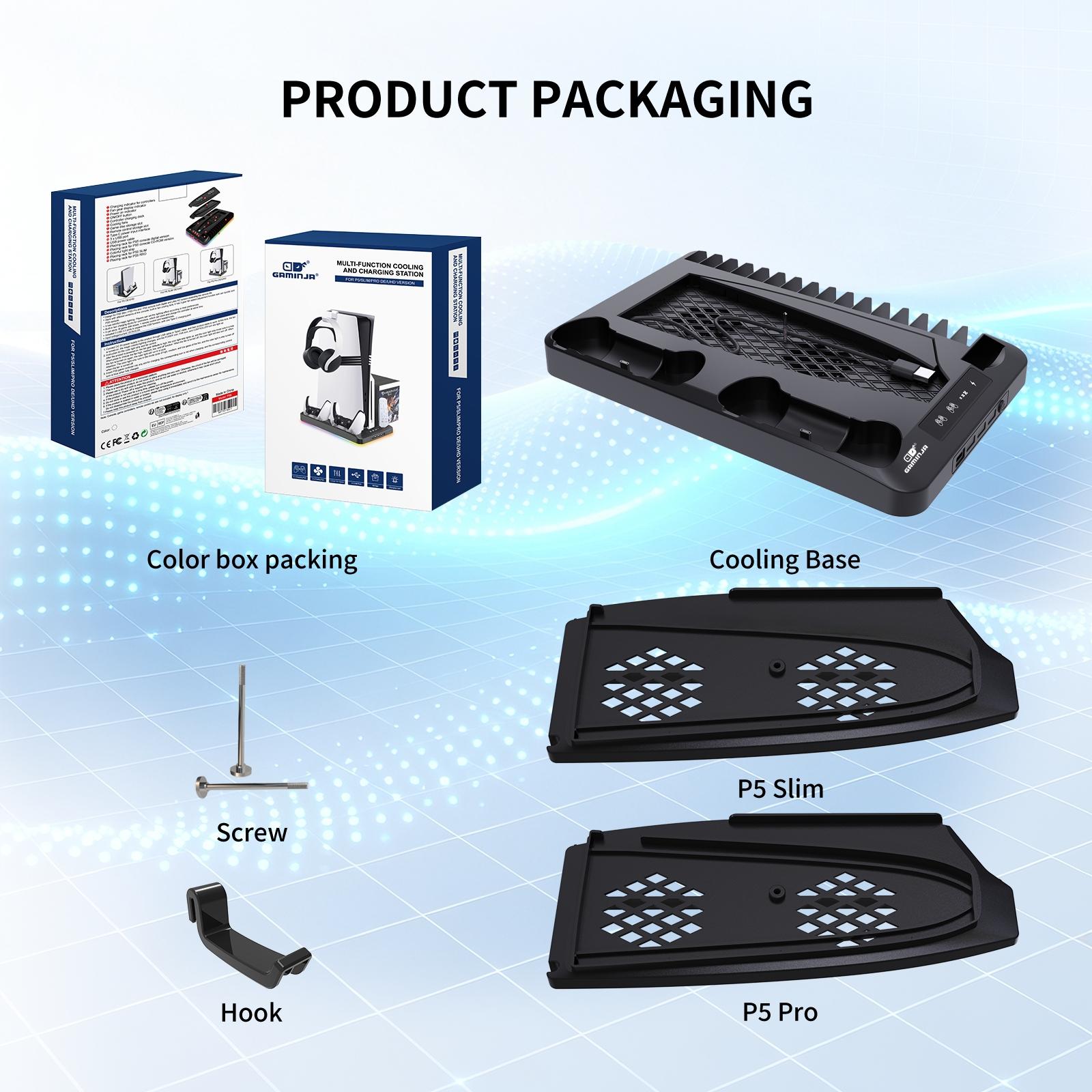 GAMINJA P58 Charging Base Cooling Bracket Compatible With PS5 Console, Vertical Stand Cooling Fan, Multi-functional Cooling & Charging Station for PS5 Slim Pro All Model Universal