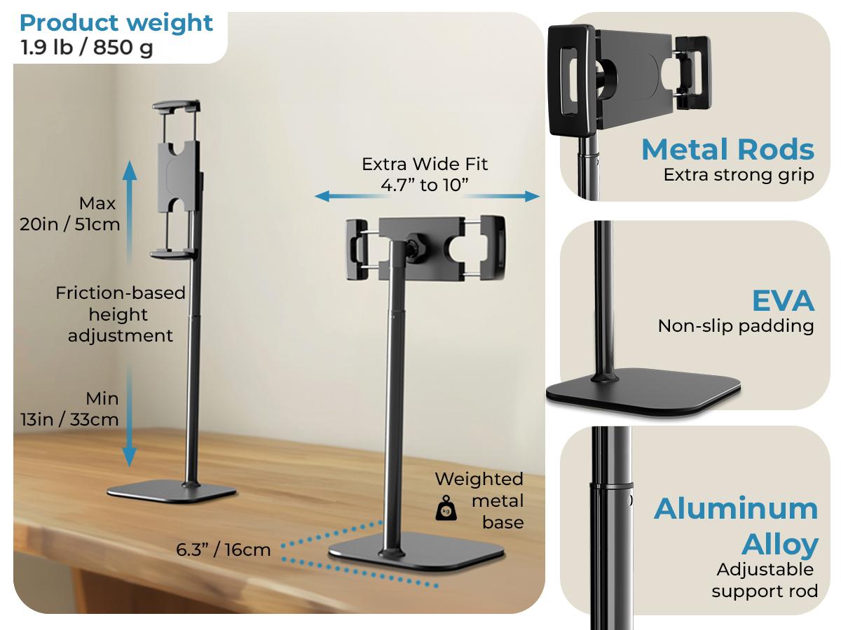 Cooper TabStand Sturdy Tablet Mount & Accessories - Height-Adjustable Metal/Aluminium Holder for 17" Max Diagonal iPad, Portable Monitor, Smartphone, 360&deg; Rotate & Tilt, 4.4lb Holding Strength, Portable, Silicone-Free