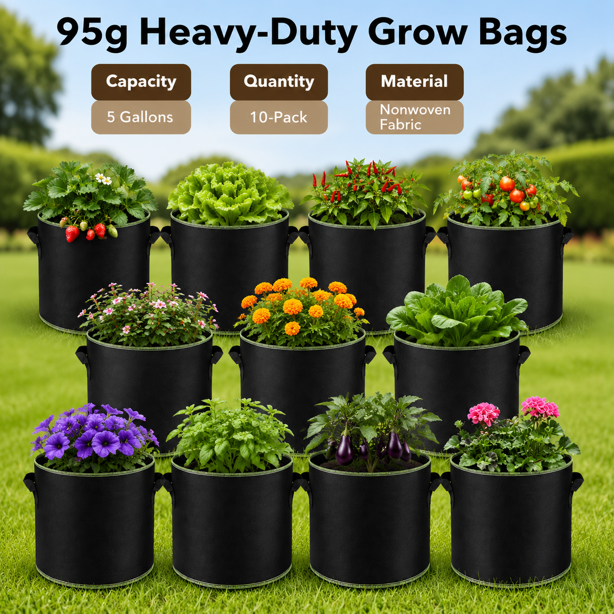 "🌱 5-Pack 5 Gallon Grow Bags – Heavy Duty Aeration Fabric Pots with Handles for Vegetables, Flowers & Fruits 🪴 "