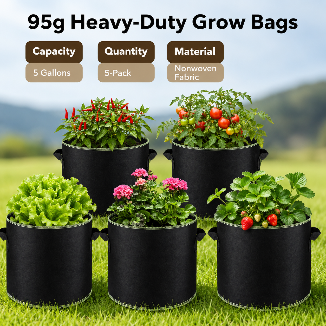 "🌱 5-Pack 5 Gallon Grow Bags – Heavy Duty Aeration Fabric Pots with Handles for Vegetables, Flowers & Fruits 🪴 "