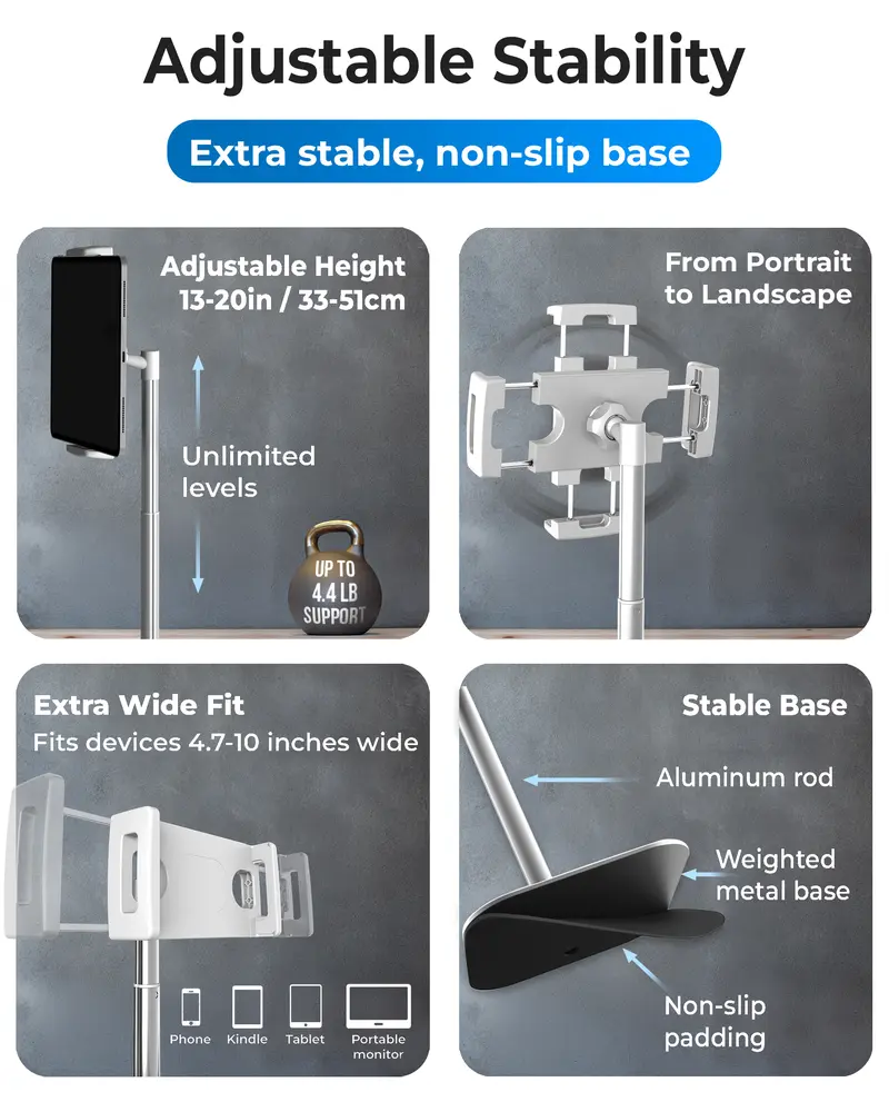 Cooper TabStand Sturdy Tablet Mount & Accessories - Height-Adjustable Metal/Aluminium Holder for 17" Max Diagonal iPad, Portable Monitor, Smartphone, 360° Rotate & Tilt, 4.4lb Holding Strength, Portable, Silicone-Free