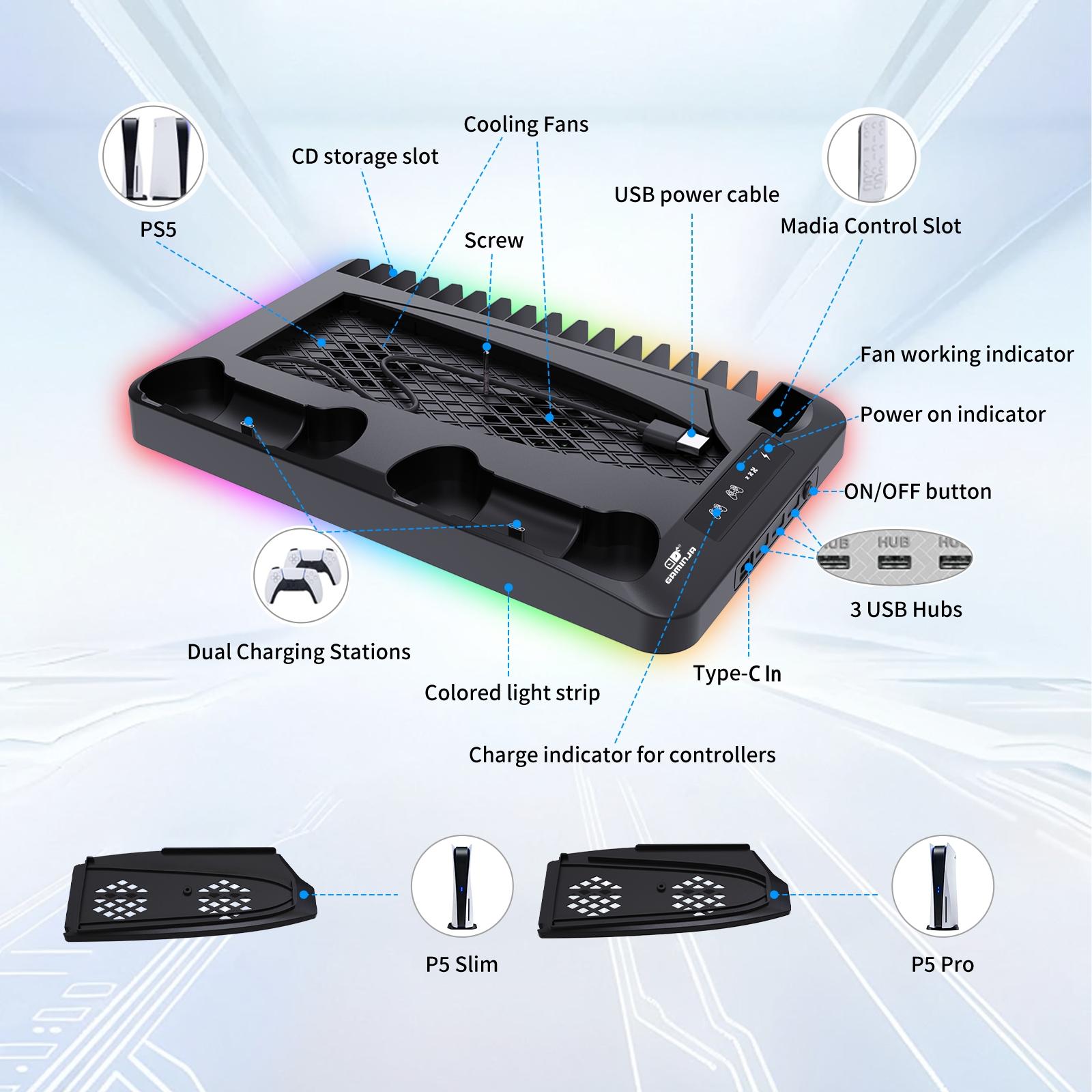 GAMINJA P58 Charging Base Cooling Bracket Compatible With PS5 Console, Vertical Stand Cooling Fan, Multi-functional Cooling & Charging Station for PS5 Slim Pro All Model Universal