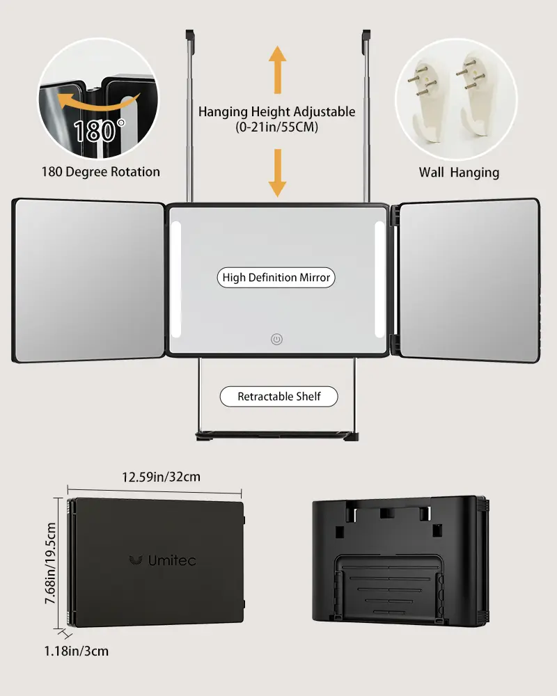 Umitec Adjustable LED Light 3 Way Mirror, Portable Trifold Mirror for Shaving, Grooming, Hair Styling, Dye Hair, Makeup, Braiding, 360 Degree Mirror