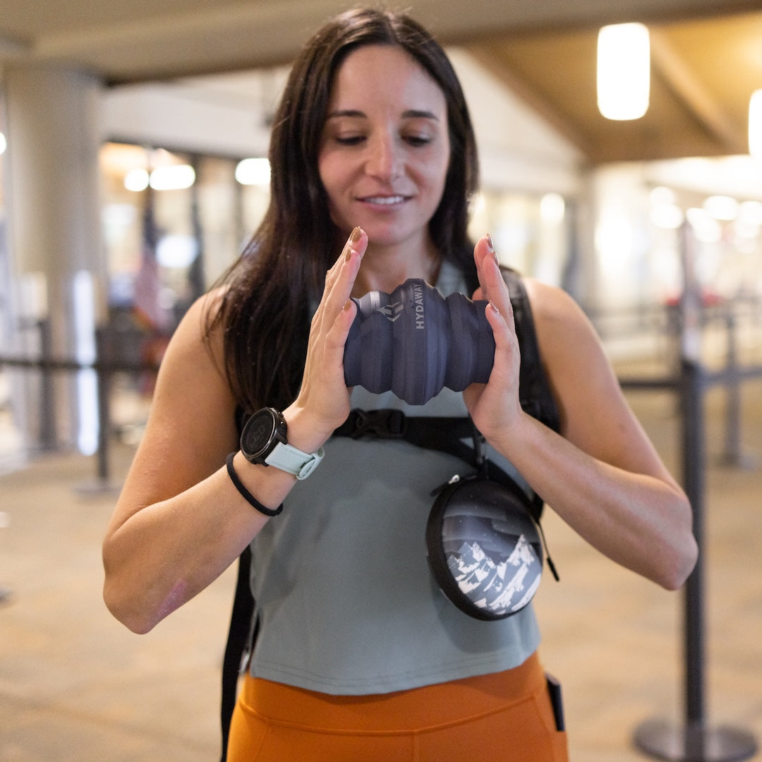HYDAWAY 17oz (500ml) collapsible water bottle is a travel bottle and BPA free water bottle made from durable silicone bottle material, offering lightweight bottle performance and eco-friendly hydration as a hiking water bottle, reusable water bottle, camping bottle, and foldable water bottle.