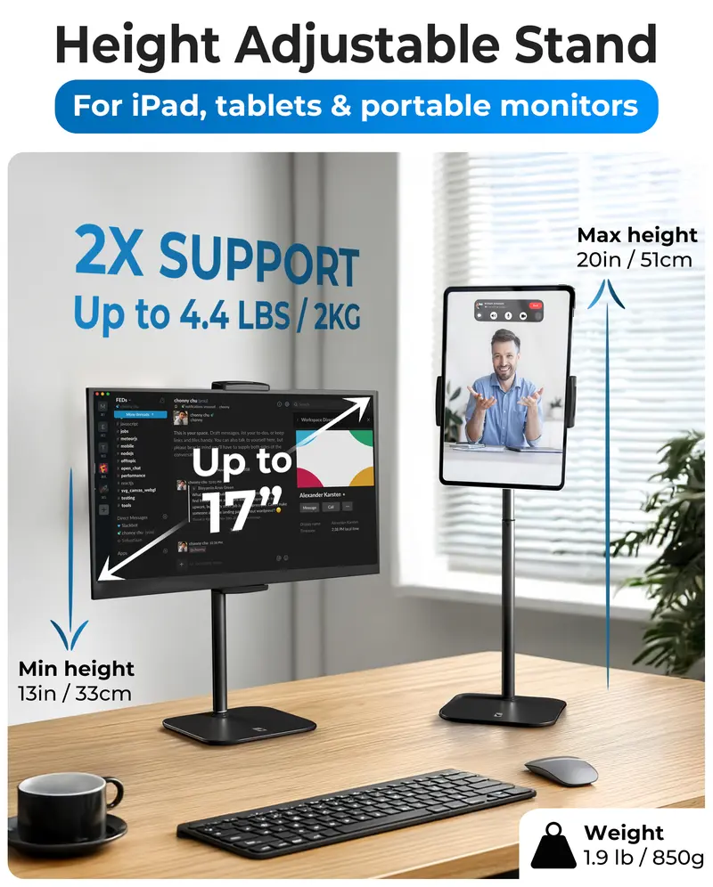 Cooper TabStand Sturdy Tablet Mount & Accessories - Height-Adjustable Metal/Aluminium Holder for 17" Max Diagonal iPad, Portable Monitor, Smartphone, 360° Rotate & Tilt, 4.4lb Holding Strength, Portable, Silicone-Free