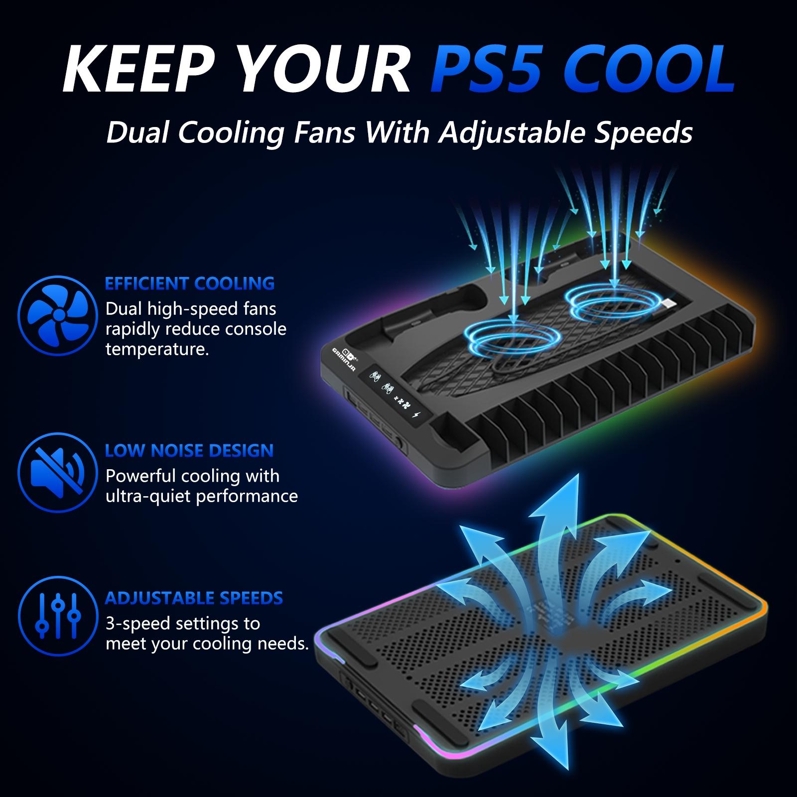 GAMINJA P58 Charging Base Cooling Bracket Compatible With PS5 Console, Vertical Stand Cooling Fan, Multi-functional Cooling & Charging Station for PS5 Slim Pro All Model Universal