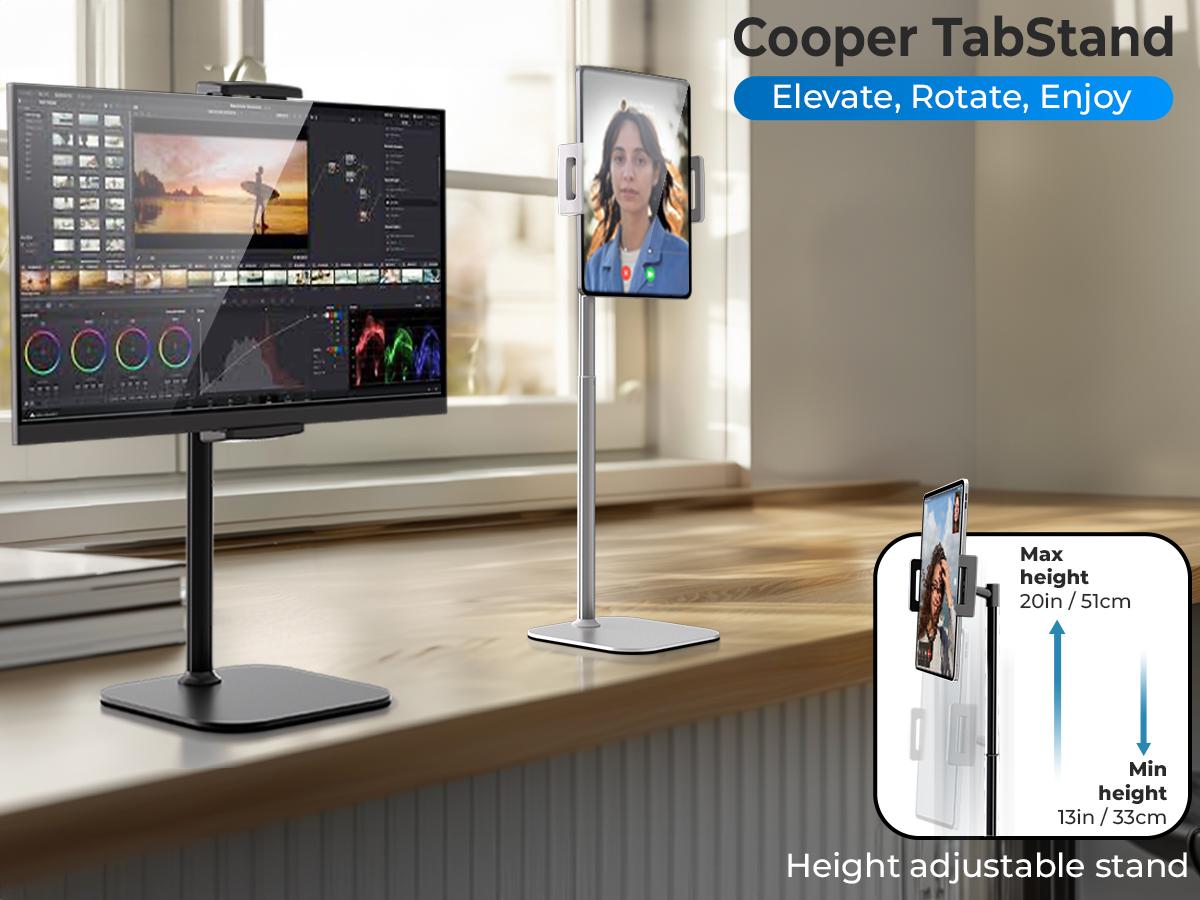 Cooper TabStand Sturdy Tablet Mount & Accessories - Height-Adjustable Metal/Aluminium Holder for 17" Max Diagonal iPad, Portable Monitor, Smartphone, 360&deg; Rotate & Tilt, 4.4lb Holding Strength, Portable, Silicone-Free