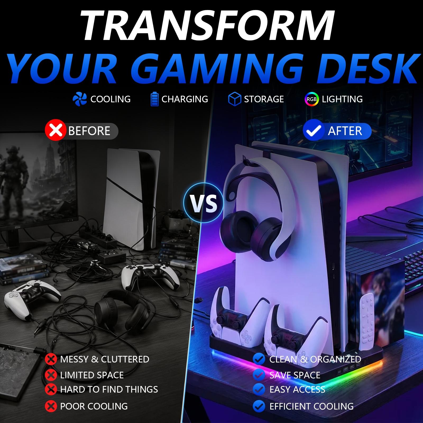 GAMINJA P58 Charging Base Cooling Bracket Compatible With PS5 Console, Vertical Stand Cooling Fan, Multi-functional Cooling & Charging Station for PS5 Slim Pro All Model Universal