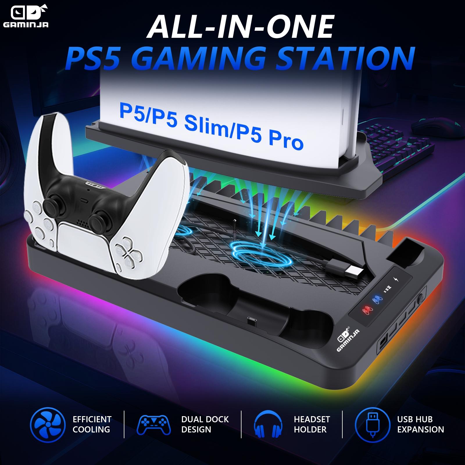 GAMINJA P58 Charging Base Cooling Bracket Compatible With PS5 Console, Vertical Stand Cooling Fan, Multi-functional Cooling & Charging Station for PS5 Slim Pro All Model Universal