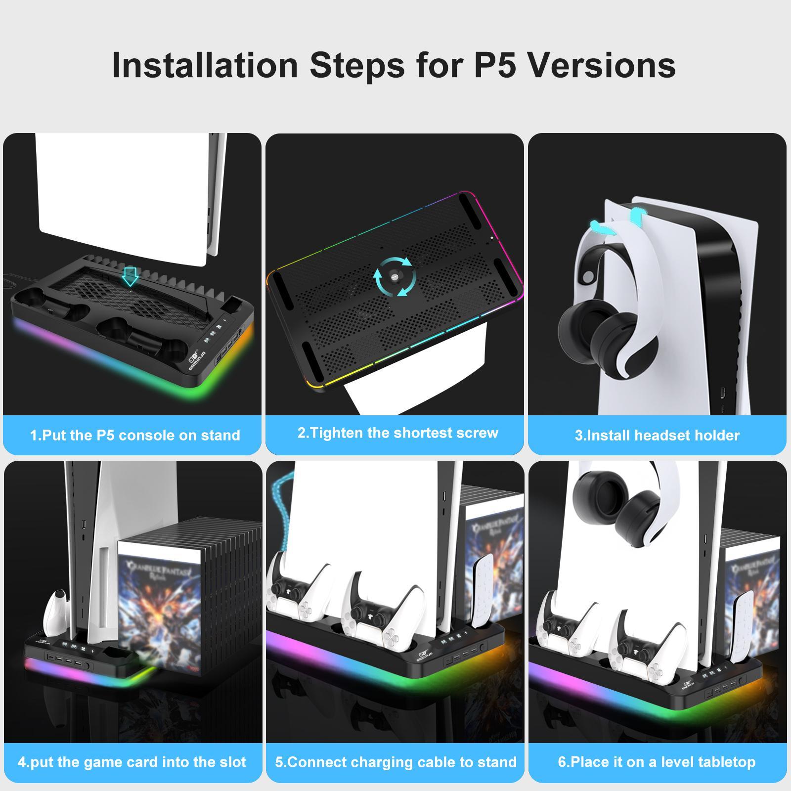GAMINJA P58 Charging Base Cooling Bracket Compatible With PS5 Console, Vertical Stand Cooling Fan, Multi-functional Cooling & Charging Station for PS5 Slim Pro All Model Universal