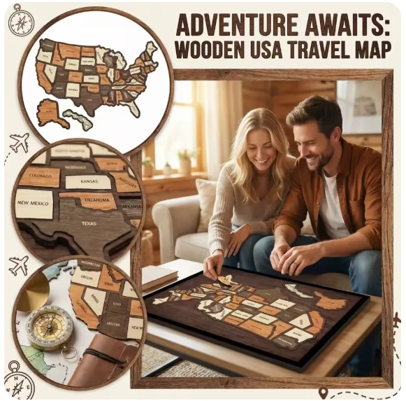🔥Last Day 50% OFF -🇺🇸 Wooden USA Travel Map Puzzle🧩A Stylish Way to Track Your Journey