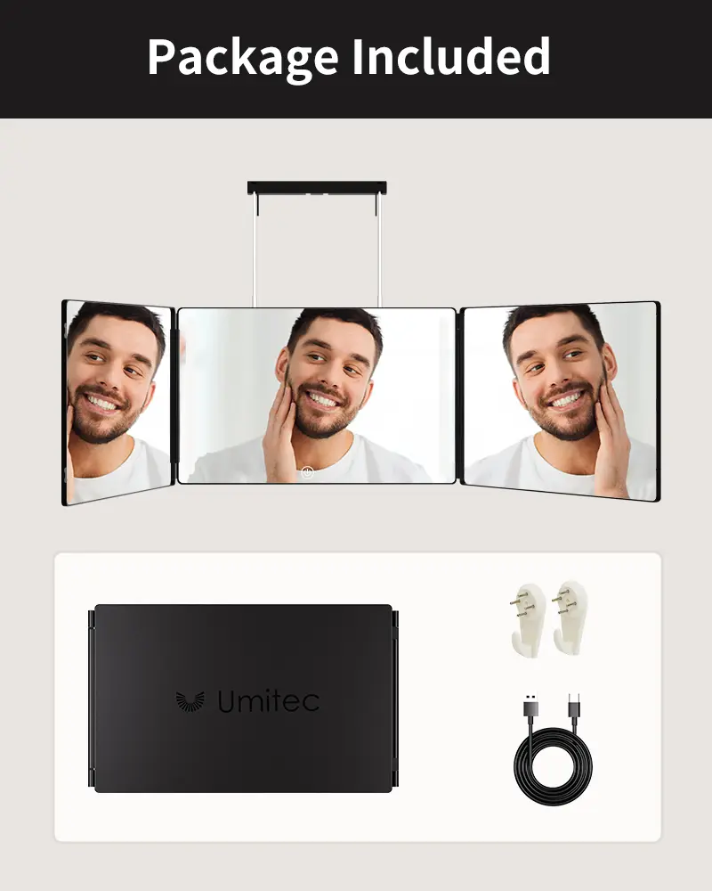 Umitec Adjustable LED Light 3 Way Mirror, Portable Trifold Mirror for Shaving, Grooming, Hair Styling, Dye Hair, Makeup, Braiding, 360 Degree Mirror